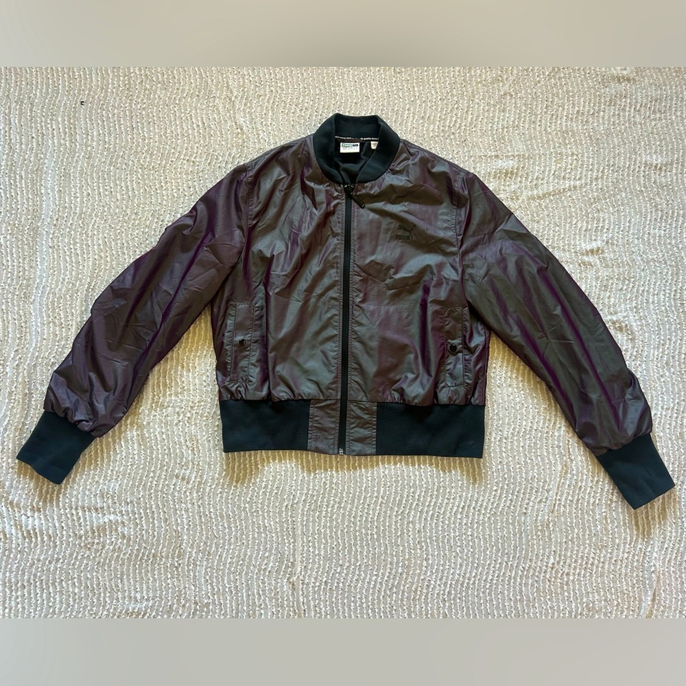 Puma Jacket Purple Green Iridescent Womens Size XL Shiny Black Retro